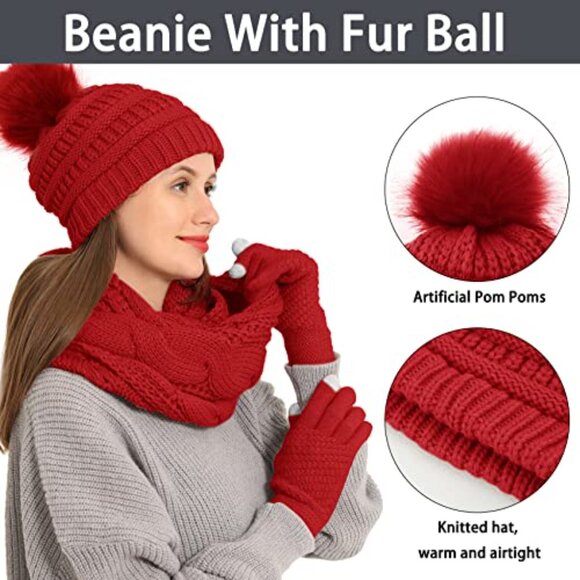 Winter Beanie Scarf Gloves Set Knit Faux Fur Ball Touch Screen Gloves main image 7